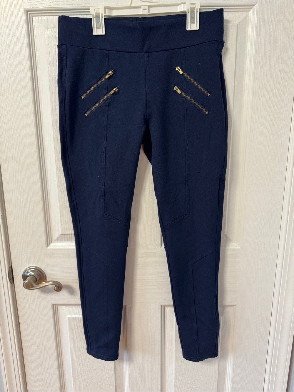 Guess Navy Ponte Ankle Pants with Gold Zipper Detail